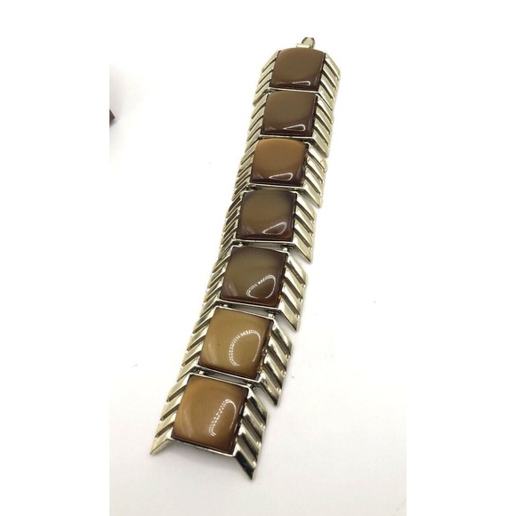Vintage Charel ~Signed Brown Caramel Moonstone Thermoset Bracelet - Picture 3 of 14